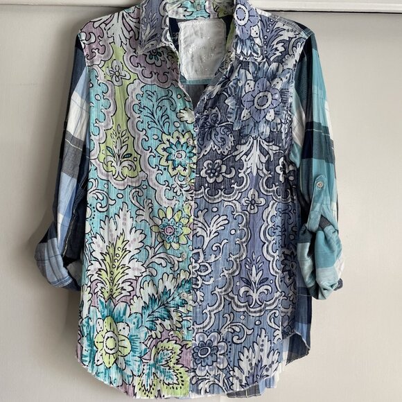 Cino SUNDANCE Floral Plaid Mixed Print Button Down Top Size S Blue Cotton - Picture 2 of 16
